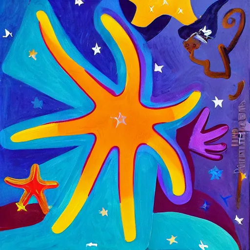 Prompt: a painting of a giant carob starfish with the words carob and starfish in big letters. children in a school band playing nearby. art by picasso and a little by lisa frank