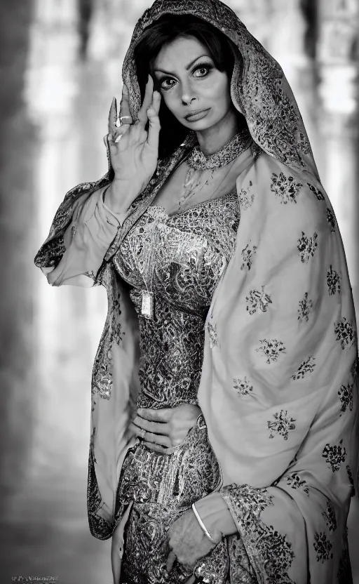 Prompt: a picture of sofia loren standing up in hagha santa sofia in the style of ( ( ( a byzantine icon ) ) ). black and white, award winning photography, 5 0 mm, studio lighting, highly intricate