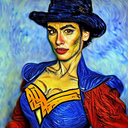 Prompt: Portrait painting of Gal Godot cosplaying as Vincent van Gogh Wonder Woman by Claude Monet, rendered in Unreal Engine, original Post Impressionist art