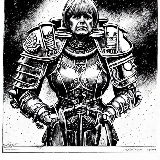 Image similar to a beautifully detailed warhammer 4 0 k portrait of angela merkel as inquisitor. pen and ink by moebius.