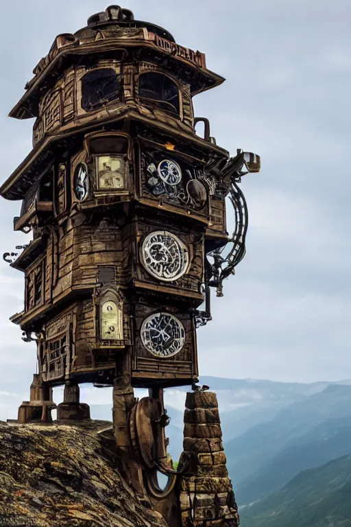 Image similar to the impossible clock tower on the top of a mountain, steampunk art