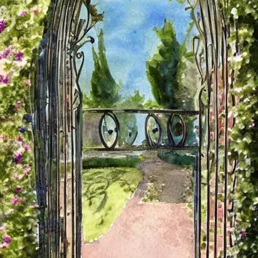 Image similar to delicate, chairs, garden, paved, botanic watercolors, iridescent, 8 k, realistic shaded, fine details, artstation, italian, iron gate, tree, mediterranean, marvelous