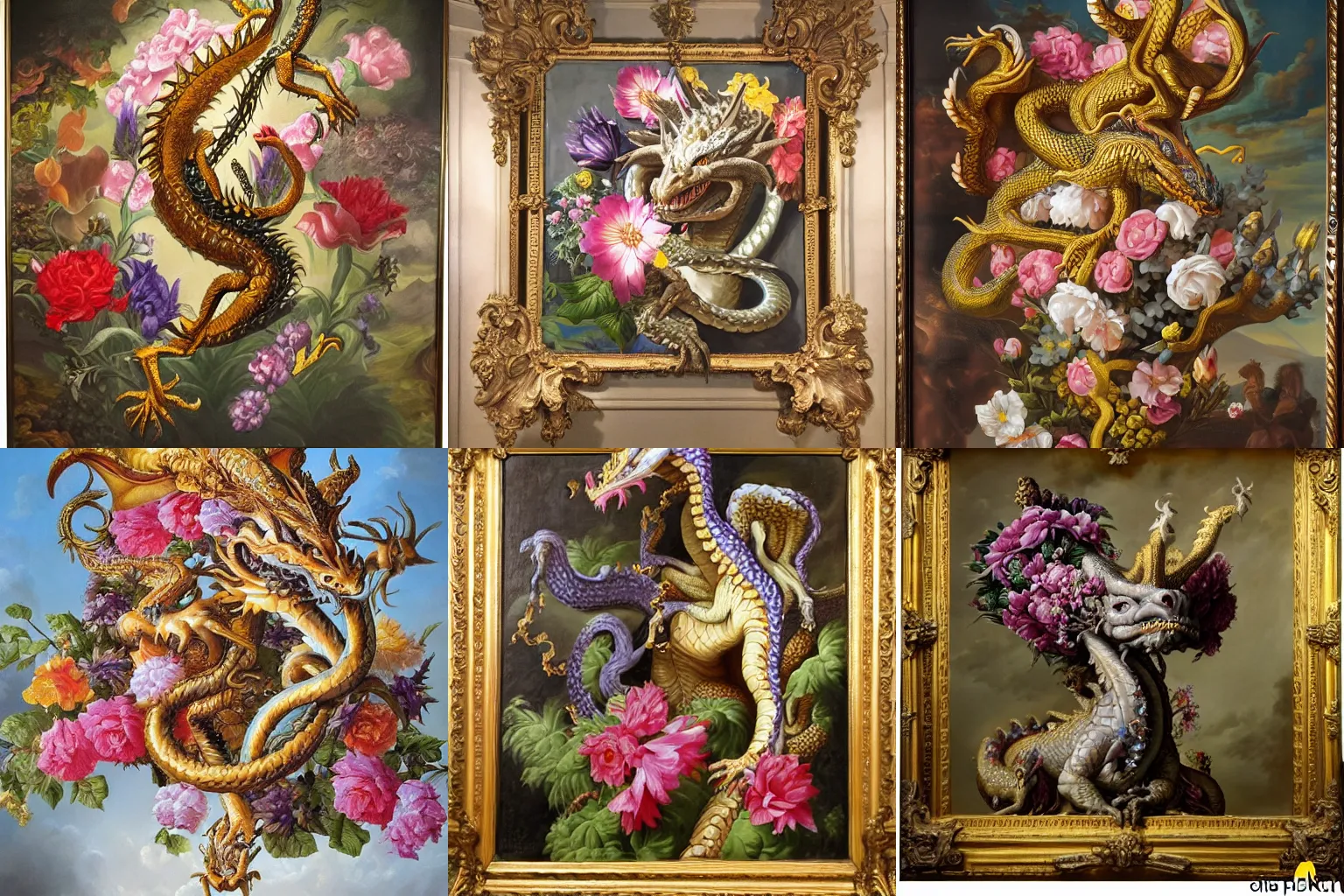 Prompt: Baroque portrait of a dragon surrounded by flowers. Highly detailed, anatomically correct, dramatic lighting, oil paint on canvas