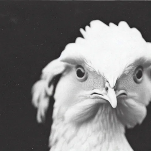 Prompt: A black and white 1900's photo of a chicken, close up, high detail, realistic.