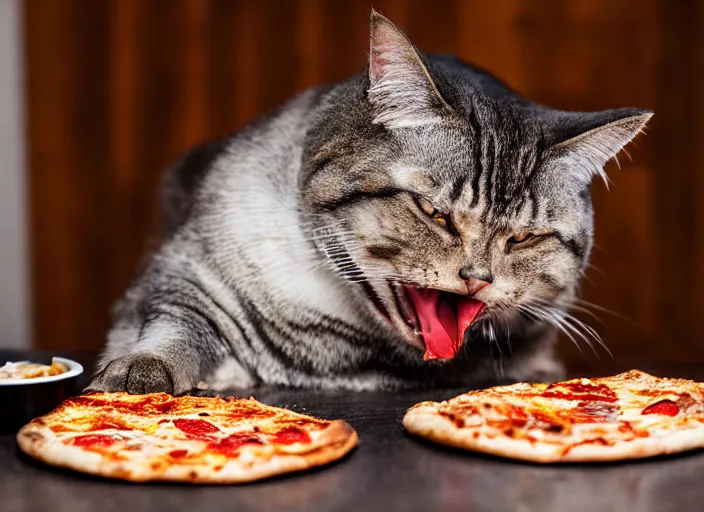 Image similar to photo of a very fat cat angrily eating a slice of cheesy pizza. nikon d 8 5 0 5 5 mm.