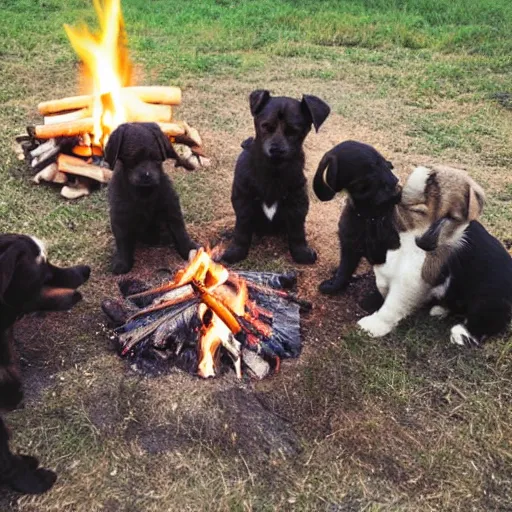 Prompt: puppies building a campfire