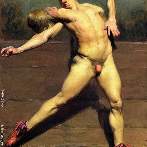 Image similar to a handsome blonde haired track star stretching before his race. By Ilya Repin and Robert Fawcett. Masterpiece