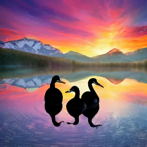 Image similar to photo of two black swans touching heads in a beautiful reflective mountain lake, a colorful hot air balloon is flying above reflecting off water, hot air balloon, intricate, 8k highly professionally detailed, centered, HDR, CGsociety