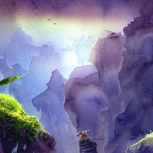 Prompt: beautiful lush natural scene on another planets cliffs, with interesting creatures. different than earth but beautiful. lightfall. beautiful detailed artistic watercolor. trending on artstation and deviantart.