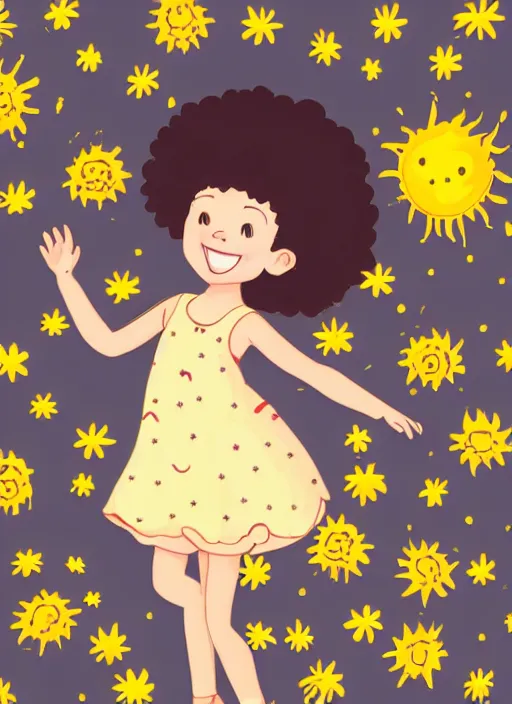 Prompt: line art of a cute little girl with short curly brown hair with a happy expression wearing a summer dress dancing with fireflies