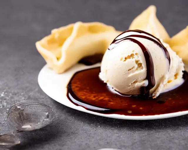 Prompt: dslr food photograph of a plate of vanilla ice cream with a crawfish, some chocolate sauce, 8 5 mm f 1. 4