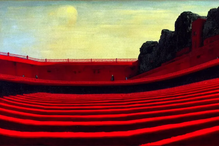 Image similar to only with red, a red great emperor, taormina amphitheatre, crowd with big smile, in the style of beksinski, parts by edward hopper, parts by rodcenko, parts by yue minjun, intricate and epic composition, red by caravaggio, insanely quality, highly detailed, masterpiece, red light, artstation, 4 k