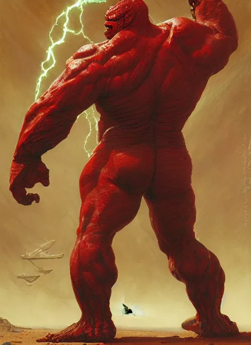 Prompt: brock lesnar as reptilian red hulk wearing scifi armour suit, dynamic action, by lawrence alma - tadema and zdzislaw beksinski and norman rockwell and jack kirby and tom lovell and greg staples, artstation creature art