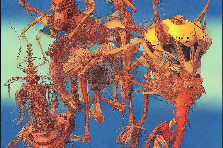 Image similar to gigantic dragonflies with human faces catch tiny robots, a lot of exotic mechas robots around, human heads everywhere, risograph by kawase hasui, dirtyrobot, edward hopper, satoshi kon and moebius, colorful flat surreal design, super - detailed, a lot of tiny details, fullshot