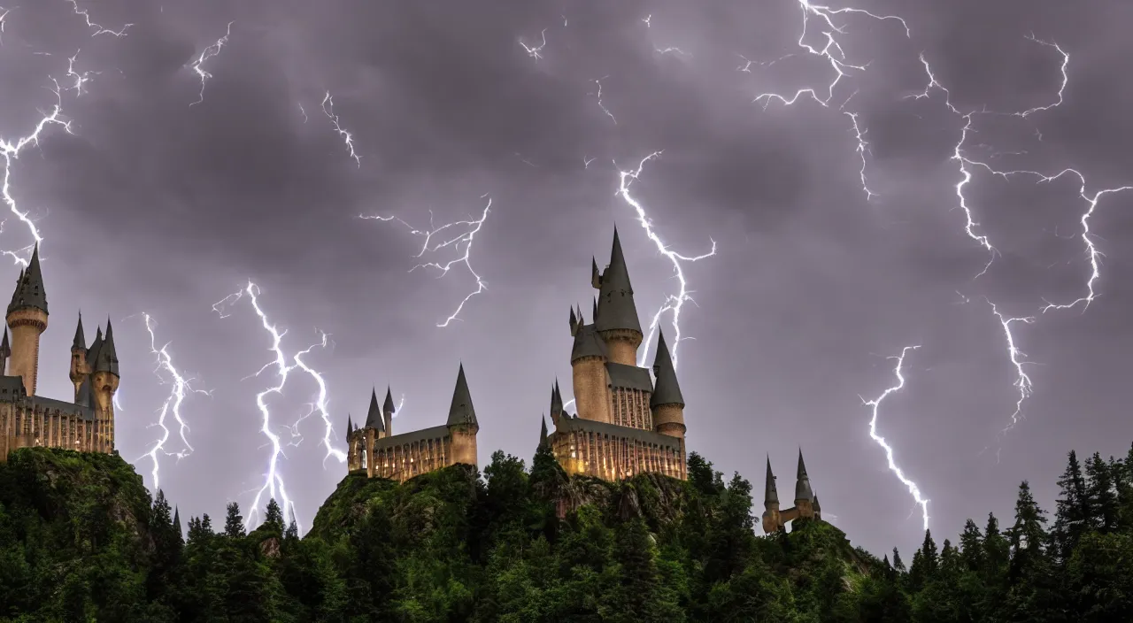 Prompt: pc background, 4 k, hogwarts castle and lightning strikes in bad weather