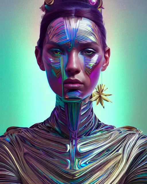 Image similar to highly detailed surreal vfx portrait of a metallic chromatic geometric tribal woman, behance, stephen bliss, unreal engine, greg rutkowski, loish, rhads, beeple, makoto shinkai and lois van baarle, ilya kuvshinov, rossdraws, tom bagshaw, alphonse mucha, global illumination, detailed and intricate environment