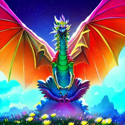 Image similar to rainbow dragon sits on a large pile of gold and gems in a field of daisies, blue clear sky, neon color, highly detailed, digital painting, artstation, concept art, matte, sharp focus, impressionnisme