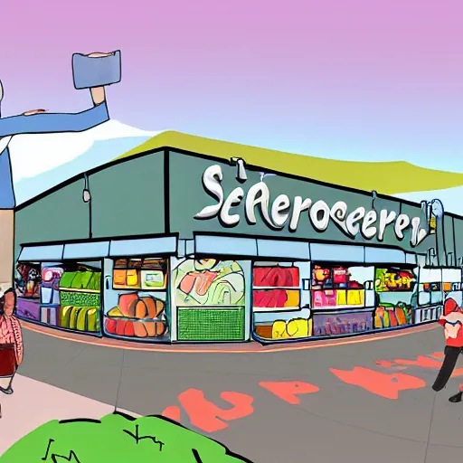 Image similar to an incredibly realistically drawn grocery store with a giant fat cartoon rabbit scp inside.