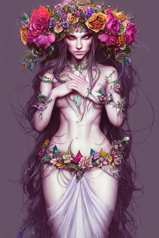 Image similar to digital art, centered full body elven bride, vivid flower crown ,intricate, veins, by James Jean and by artgerm, by ross tran , ultradetailed, charachter design, concept art, trending on artstation,