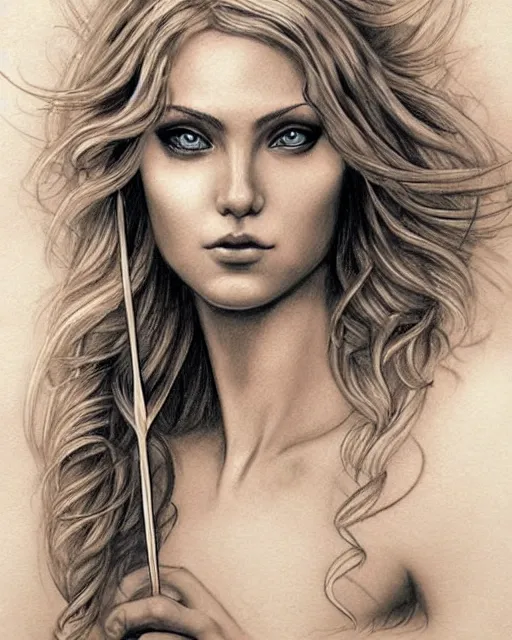 Image similar to tattoo sketch of beautiful greek goddess aphrodite, bow and arrow, beautiful piercing eyes, flowing blonde hair, realistic face, hyper realistic, in the style of greg rutkowski, fantasy, amazing detail, epic, intricate, elegant, smooth, sharp focus
