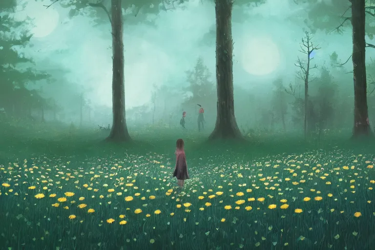 Image similar to giant bunch of daisy flowers head, girl walking in dark forest, surreal photography, dark night, stars, moon light, impressionist painting, clouds, digital painting, artstation, simon stalenhag