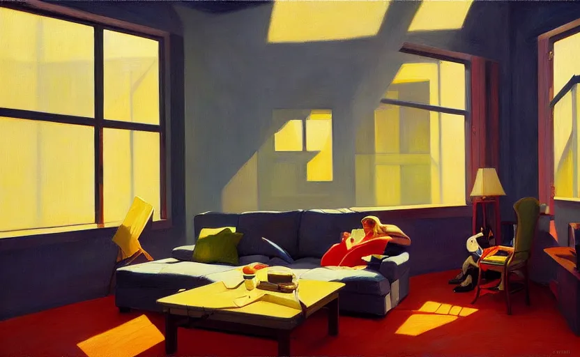 Image similar to Interior shot of contemporary cozy loft, very coherent, painted by Edward Hopper, painted by James Gilleard, airbrush, art by JamesJean