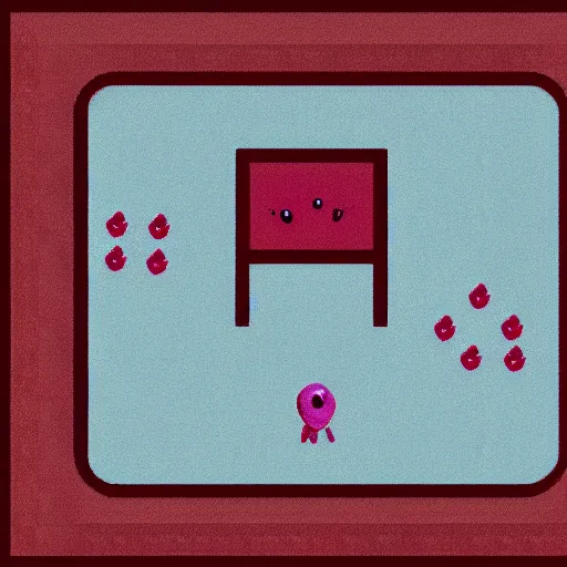 Prompt: the level's floor is colored maroon and has a playground pattern, a table with a macintosh and the walls have a funtime pattern and a smiler, and this level smells like fart, writing on the wall, wires, blood on the wall