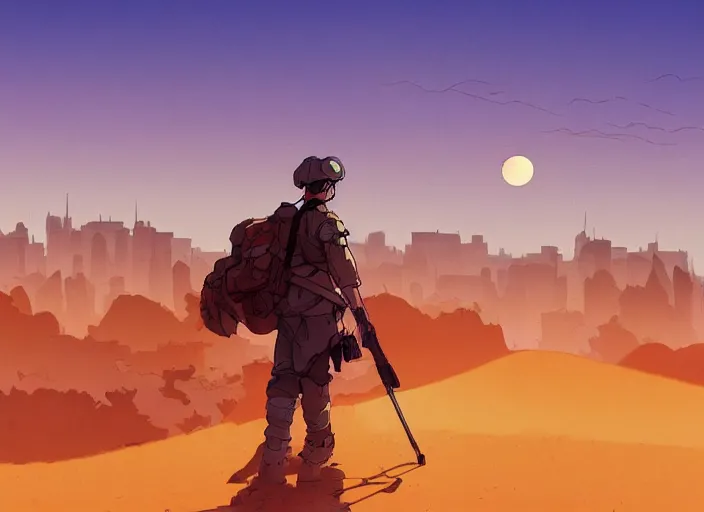 Image similar to cel shading background studio ghibli, soldier roaming through desert with city in the skyline, two suns, purple orange colors, sharp focus, illustration, highly detailed, digital painting, concept art, matte, art by wlop and artgerm and greg rutkowski, masterpiece