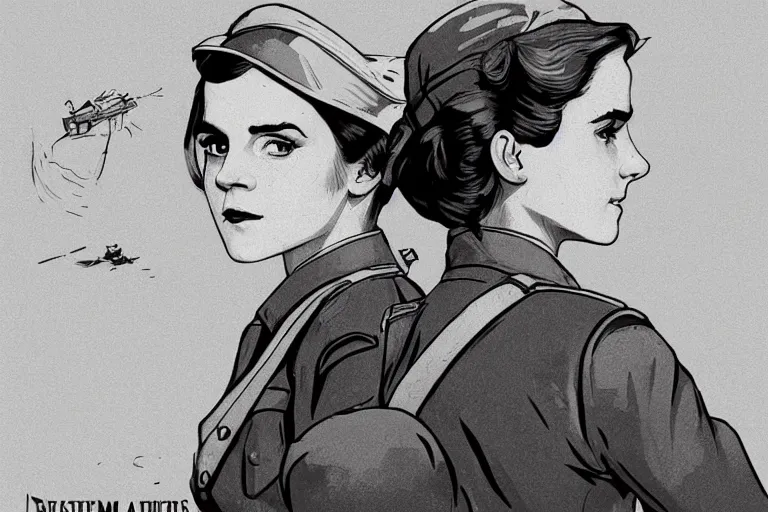 Image similar to communist Propaganda poster Emma Watson in WW2 uniform in the style of disco elysium by moebius and atey ghailan by james gurney by vermeer by George Stubbs full body trending on artstation vector art bright