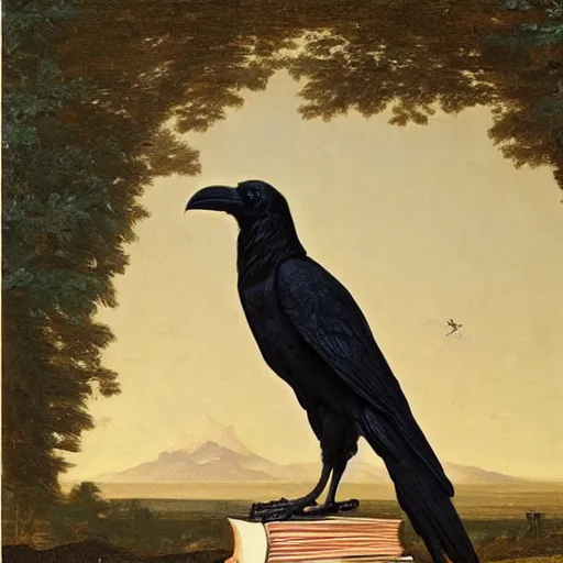 Image similar to beautifully detailed animal portrait of a detailed raven looking at a book laid out on a golden silk cloth, in a serene beautiful stone arched garden at beautiful sunrise by john james audubon and sidney cooper and frederic leighton and by rosetti, 4 k, artstation