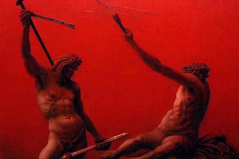 Image similar to only with red, a red melted apollo with a laurel wreath and a flaming sword announce the win, atene in the background, in the style of beksinski, part by hopper, part by rodcenko, part by hofbauer, intricate composition, red by caravaggio, insanely quality, highly detailed, masterpiece, red light, artstation