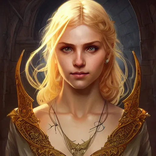 Image similar to an epic fantasy comic book style portrait painting of a young blonde girl thief, d & d, fantasy, joyful smirk, intricate, elegant, highly detailed, digital painting, artstation, concept art, matte, sharp focus, illustration, art by artgerm and greg rutkowski and alphonse mucha