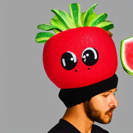 Prompt: hd photo of a friday wearing a watermelon hat, trending on artstation