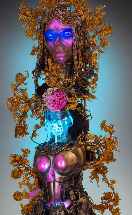 Image similar to a young beautiful angry latina ceramic and pink iron-plated android with a large glowing blue crystal in the center of her chest, full-body bronze cyberpunk style statue of Venus with glowing yellow laser eyes, crown of mechanical chrysanthemums, flowing aqua silk, fabric, steampunk flowers. baroque elements, human skull. full-length view. baroque element. intricate artwork by caravaggio. many flying horses on background. Trending on artstation, octane render, cinematic lighting from the right, hyper realism, octane render, 8k, depth of field, 3D