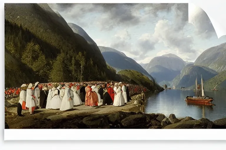 Prompt: the bridal procession on the hardangerfjord by hans gude, adolph tidemand