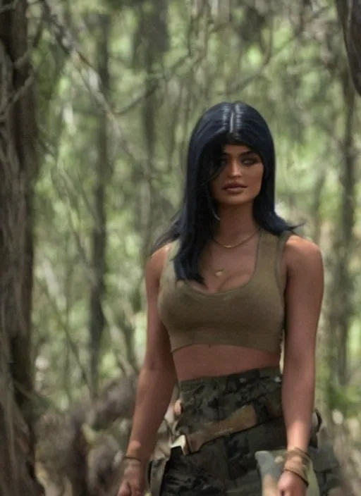 Prompt: film still of kylie Jenner as John Rambo in Rambo.