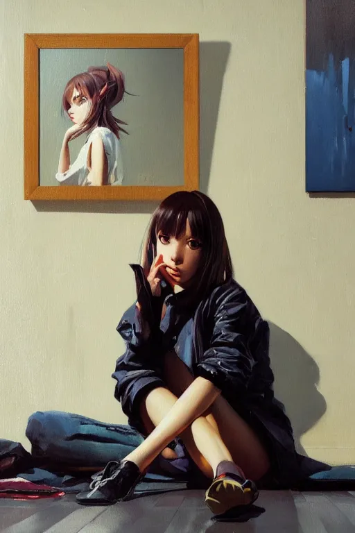 Image similar to A ultradetailed beautiful panting of a stylish girl sitting on the floor of a messy apartment, she is wearing an oversized jacket, Oil painting, by Ilya Kuvshinov, Greg Rutkowski and Makoto Shinkai