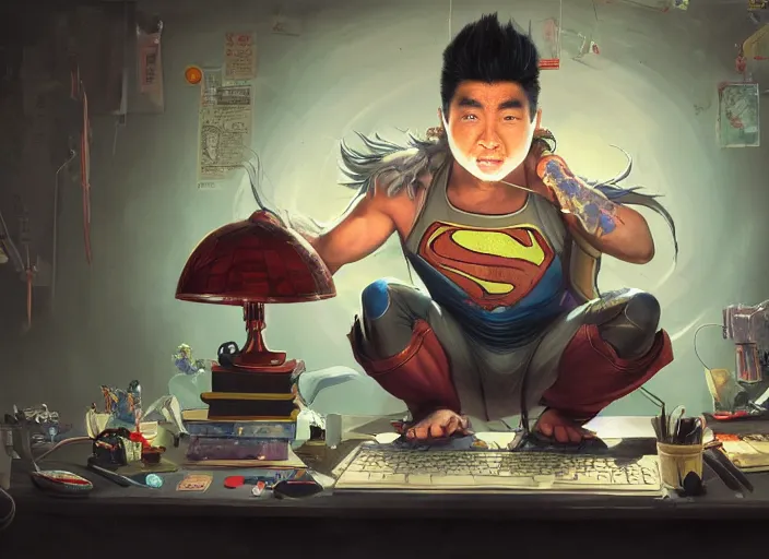 Image similar to an insanely detailed painting of an asian man wearing a homemade superhero costume, sitting at a desk, staring seriously at the computer and typing, in the style of peter mohrbacher, james jean, dramatic lighting and composition, surreal background, octane render, pixar, trending on artstation, concept art, comic book, view from behind, 8 k