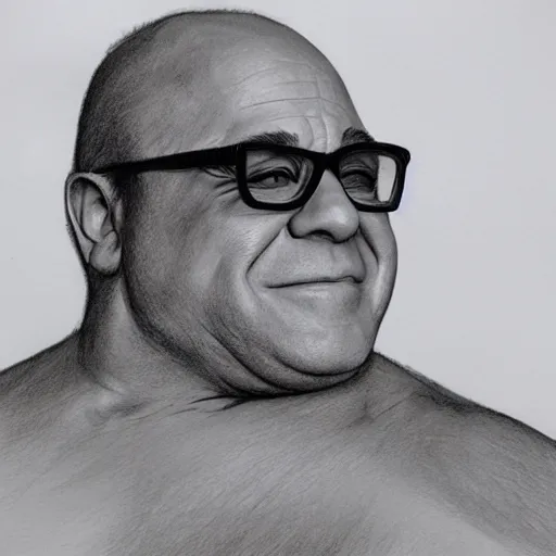 Image similar to black and white pencil sketch of a muscular Danny DeVito