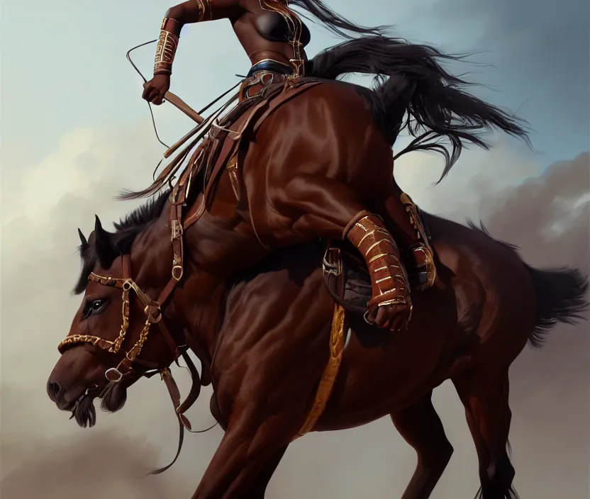 Prompt: full body portrait of beautiful black woman on horseback, striding clydesdale, cinematic, highly detailed, digital painting, artstation, concept art, smooth, sharp focus, illustration, face by wlop, illustrated by mars ravelo and greg rutkowski