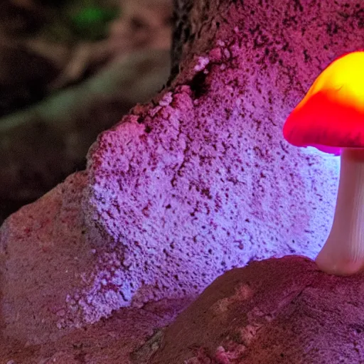 Image similar to glowing mushroom on an alter in canyon, red cliffs, at night