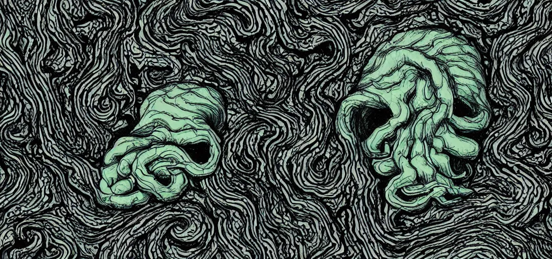 Image similar to shape-shifting Cthulhu lost in the tv show Twin Peaks, fractal tile, mike judge art style, 90s mtv illustration, surrealism, David Lynch's hair