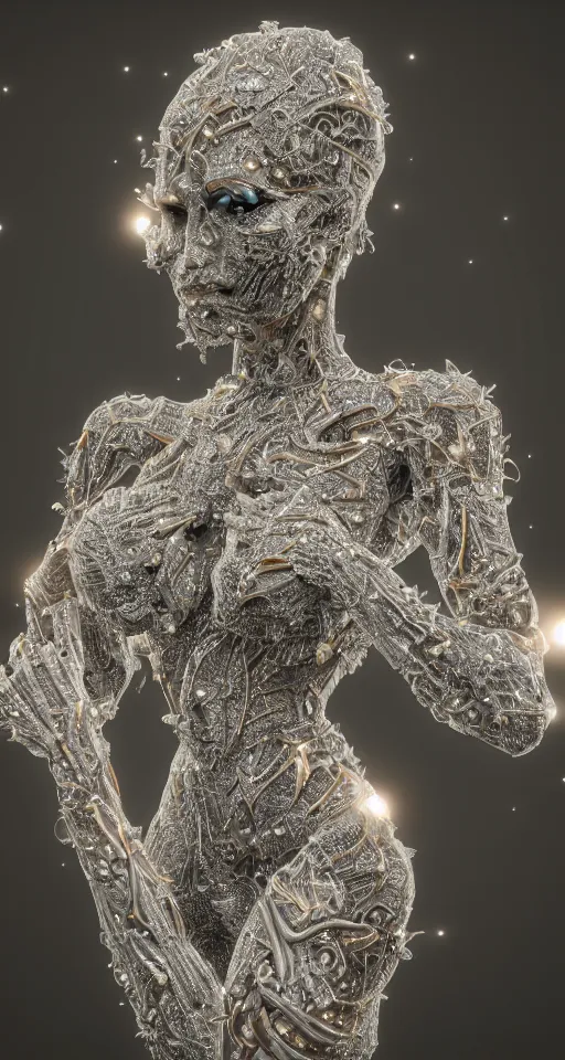 Image similar to full body detailed, ethereal, biomechanical, covered in diamonds and other gems glowing, highly detailed face, elegant posed, intricate, extremy detailed, beeple, cgsociety, 3 d unreal engine octane render. cinematic lighting, highly detailed 4 k art