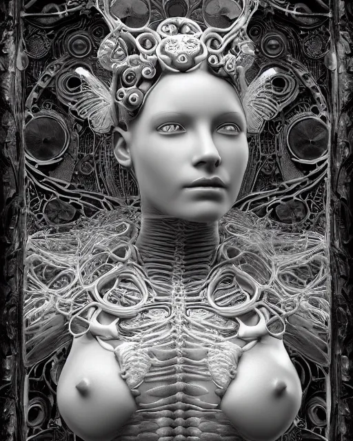 Image similar to mythical dreamy black and white organic bio-mechanical spinal ribbed profile face portrait detail of translucent steampunk beautiful female angelic-human-queen-vegetal-cyborg, highly detailed, intricate trnaslucent ivy jelly ornate, poetic, translucent roses ornate, 3D render, digital art, octane render, 8K artistic photography, photo-realistic, by Dora Maar