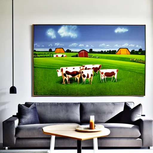 Image similar to interior view of modern futuristic farm barn architecture and interior design showing cows laying down on sofas and pigs and chickens sitting in lounge chairs, wall art, throw pillows, areas rugs, feed troughs, hay, detailed luminescent oil painting 4 k