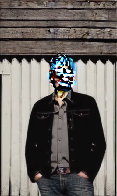 Image similar to portrait of blake shelton standing against barn wall by shepard fairey