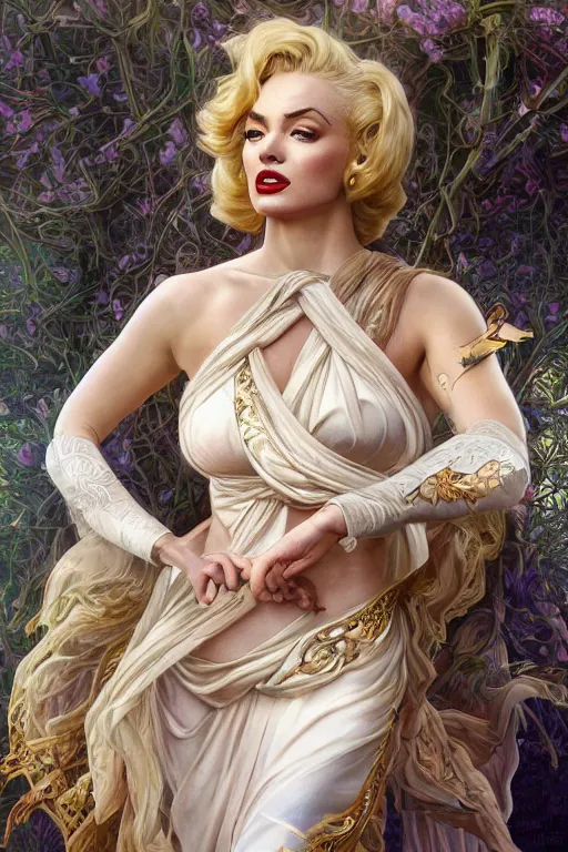 Image similar to ultra realistic illustration, a stunningly beautiful greek goddess of chaos played by marilyn monroe and christina hendricks and margot robbie and taylor swift and megan fox and emma stone and britney spears, intricate, elegant, highly detailed, digital painting, artstation, concept art, smooth, sharp focus, illustration, art by artgerm and greg rutkowski and alphonse mucha