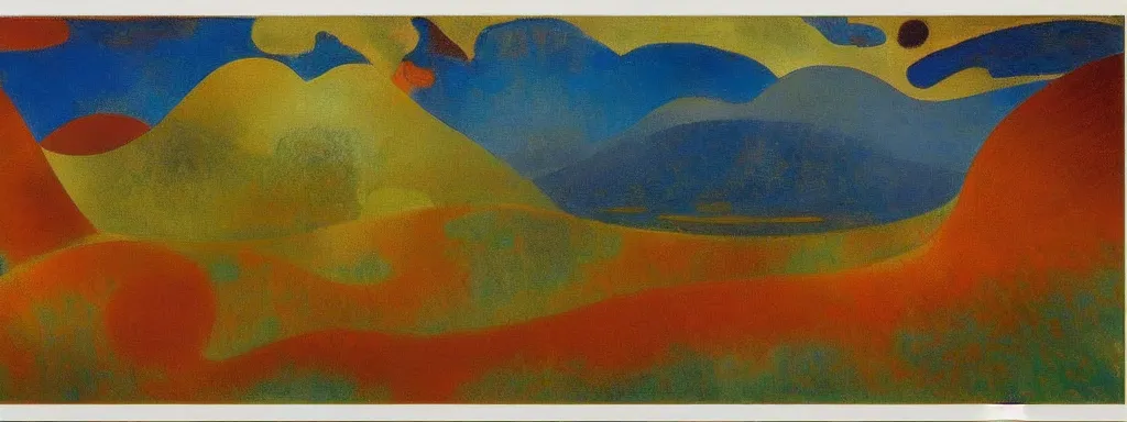 Prompt: An insane, modernist landscape painting. Wild energy patterns rippling in all directions. Curves, organic, zig-zags. Mountains, clouds. Rushing water. Waves. Psychedelic dream world. Odilon Redon. Matisse landscape painting.