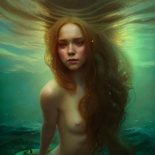 Image similar to playful beautiful captivating mermaid portrait, mysterious atmospheric lighting, painted, intricate, volumetric lighting, beautiful, rich deep colours masterpiece, golden hour, photoreal, sharp focus, ultra detailed, by leesha hannigan, ross tran, thierry doizon, kai carpenter, ignacio fernandez rios