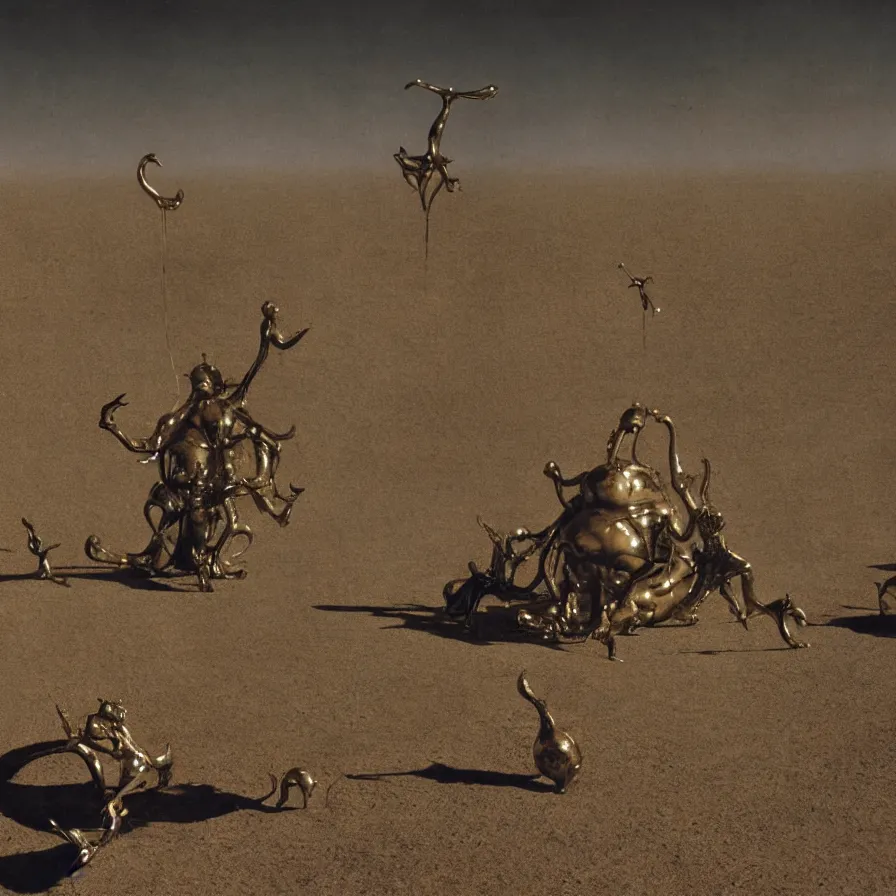 Prompt: salvador dali wearing a golden horned crown and jewels in a dry sand desert landscape, alien spaceship by giger in the landscape, film still from the movie by alejandro jodorowsky with cinematogrophy of christopher doyle and art direction by hans giger, anamorphic lens, kodakchrome, very detailed photo, 8 k